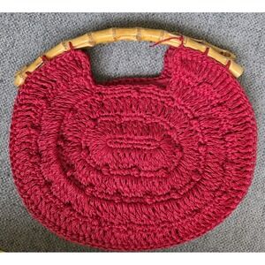 Charisma Crochet straw handbag bamboo handle red vintage made in Korea Boho